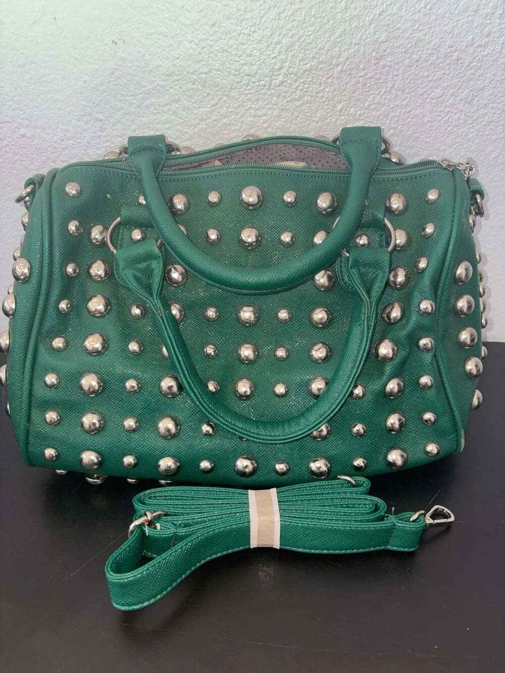 Green Studded Satchel Handbag Crossbody Purse Silver Studs Faux Leather